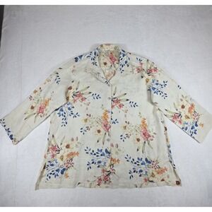 JOHN MARK 100% Linen Beige Floral Roll Tab Sleeve Blouse Top Womens 1X Lagenlook